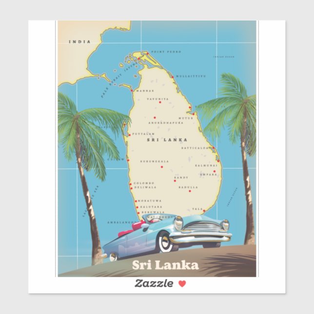 Sticker Carte illustrée du Sri Lanka (Feuille)