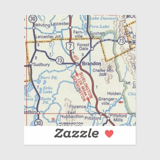 Sticker Carte rétro de Brandon Vermont (Feuille)