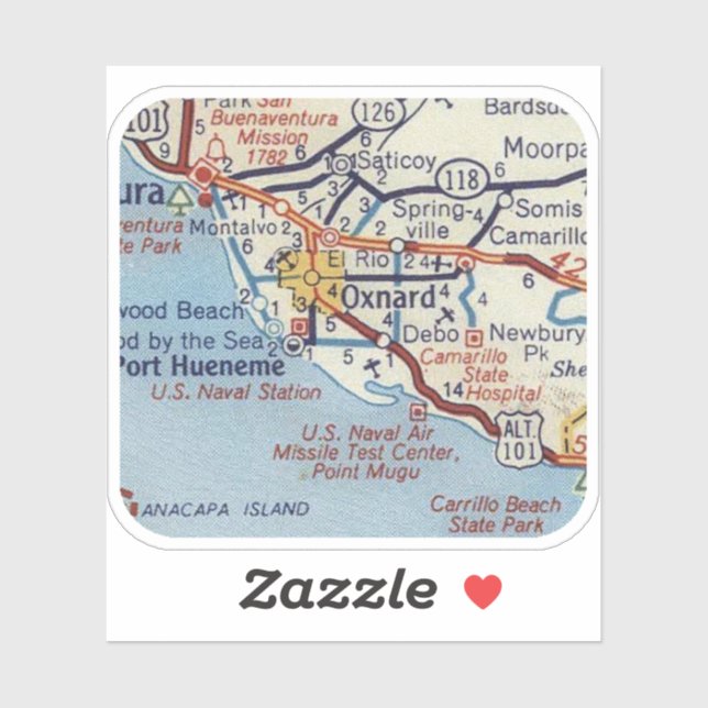 Sticker Carte routière Vintage Oxnard CA (Feuille)