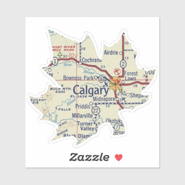 Sticker Carte Vintage de Calgary Alberta (Feuille)