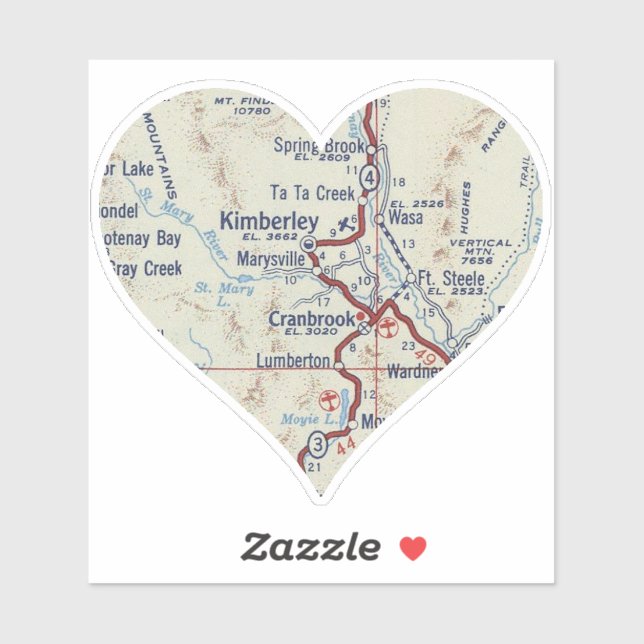 Sticker Carte Vintage de Cranbrook BC (Feuille)