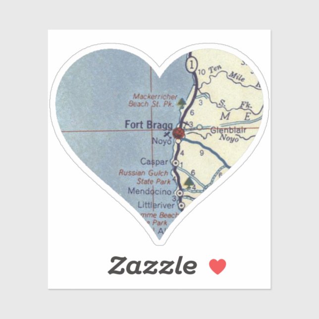 Sticker Carte Vintage de Fort Bragg en Californie (Feuille)