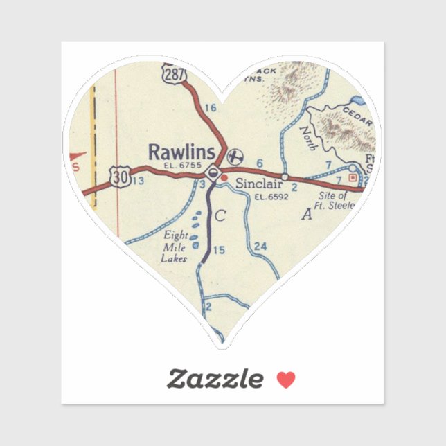 Sticker Carte Vintage des Rawlins Wyoming (Feuille)