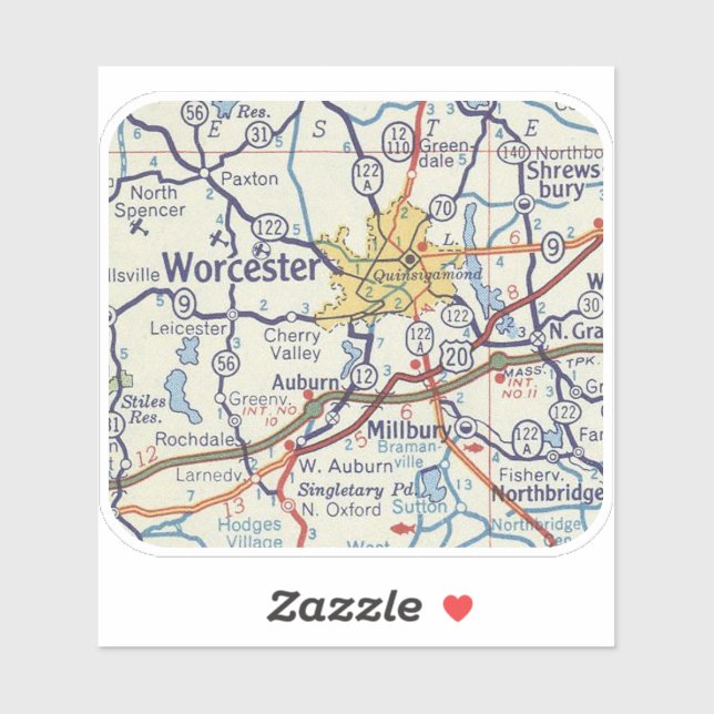 Sticker Carte Vintage Worcester MA (Feuille)