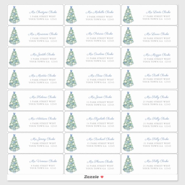 Sticker Cartes de Noël bleu blanc décoré Arbre Adresse (Feuille)