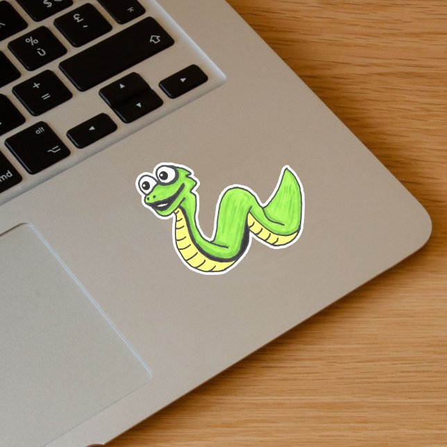 Sticker Cartographie Neon Serpent vert gros yeux blancs (Bright green cartoon snake big white eyes on vinyl sticker.)