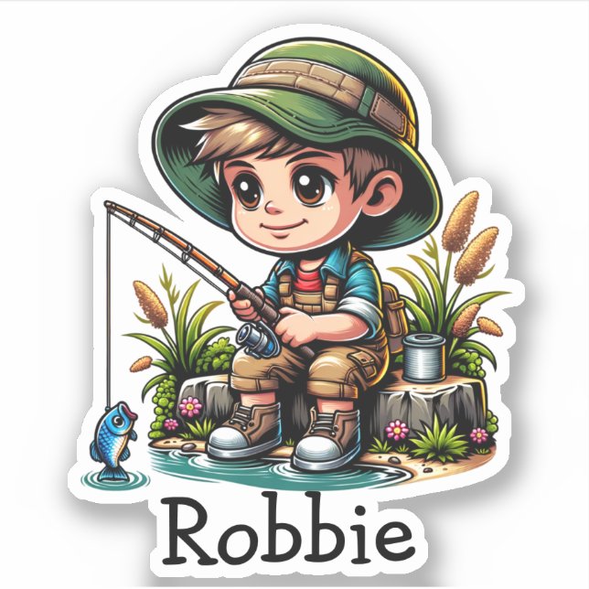 Sticker Carton de pêche petit garçon personnalisé (Devant)