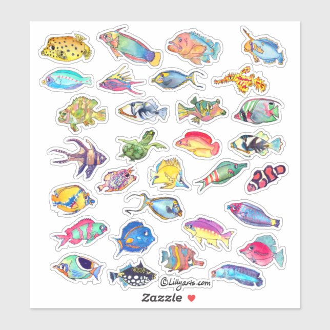 Sticker Carton Tropical Reef Fish 2 Aquarelle (Feuille)