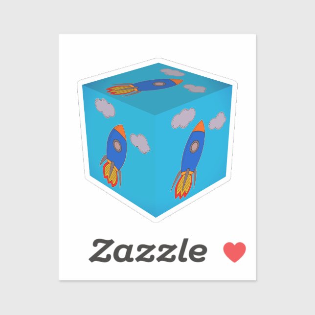 Sticker Cartoon Space Rocket Flying Et Blue Sky Cube (Feuille)