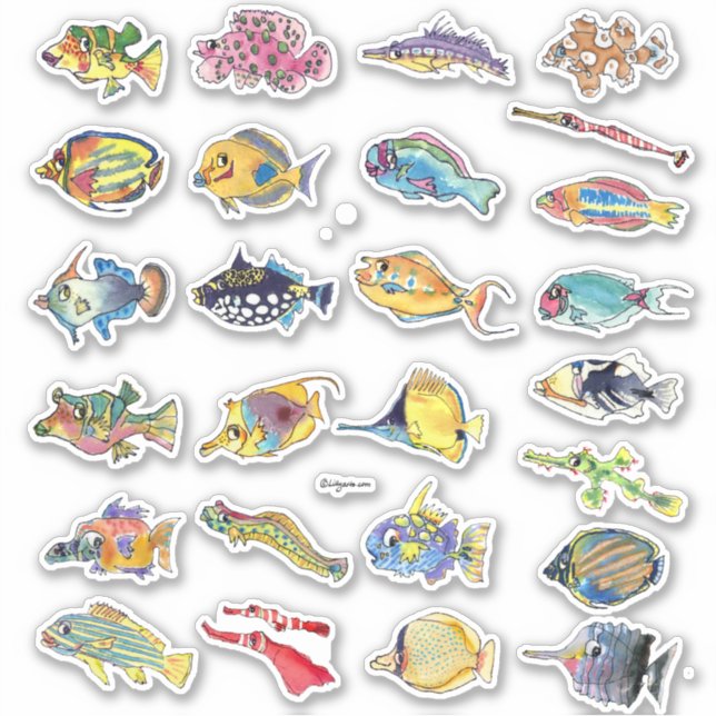 Sticker Cartoon Tropical Reef Poisson Aquarelle Contour (Devant)