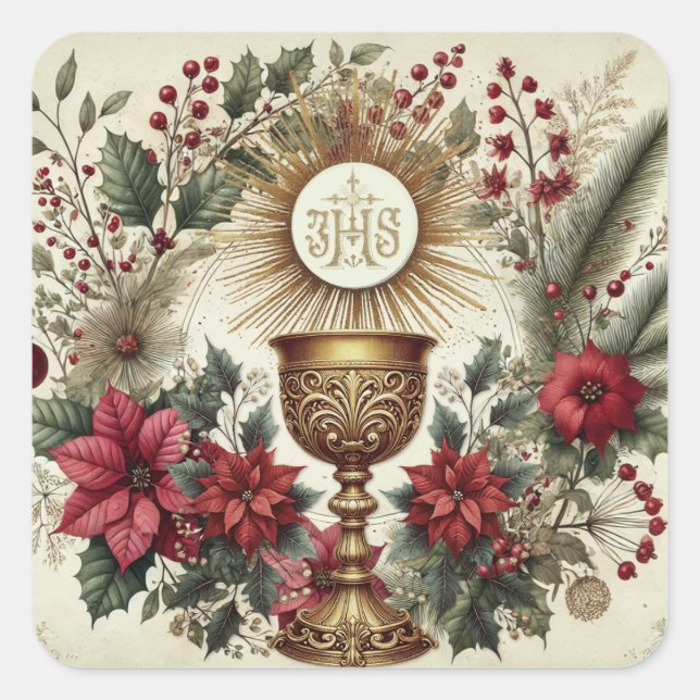 Sticker catholique de Noël Eucharistie Poinsettias (Devant)