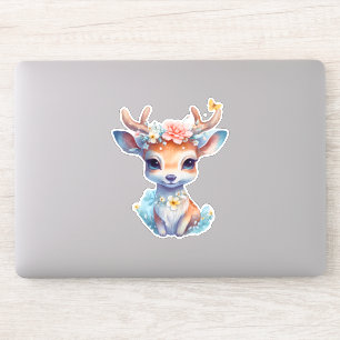 Sticker Cerf de Bébé mignon avec Antlers et Fleurs