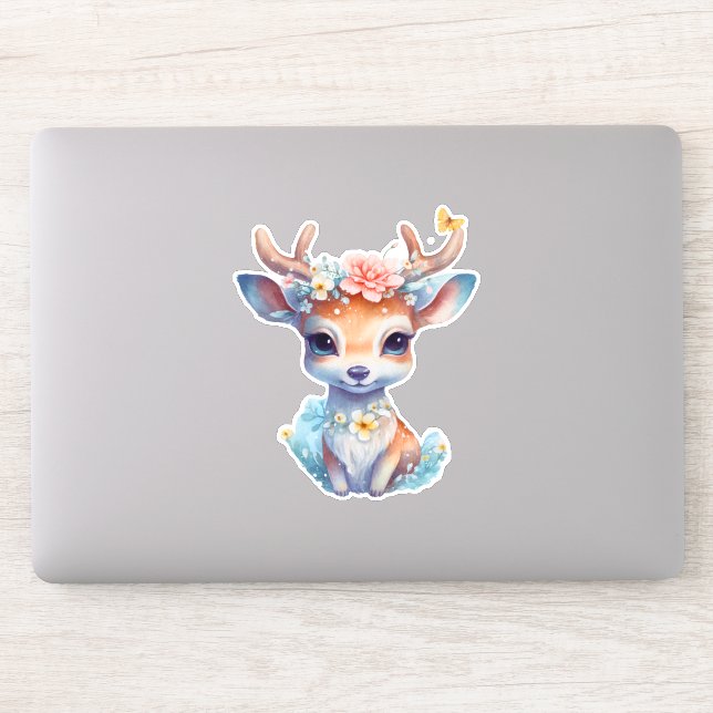 Sticker Cerf de Bébé mignon avec Antlers et Fleurs (Ordinateur)
