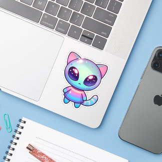 Sticker Chat Alien Kawaii avec yeux galactiques et sortie
