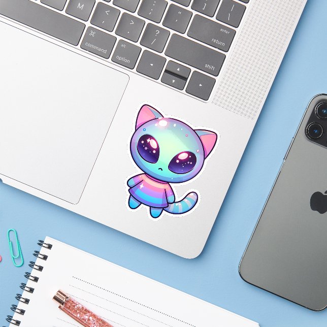 Sticker Chat Alien Kawaii avec yeux galactiques et sortie  (Ordinateur portable avec iPhone)