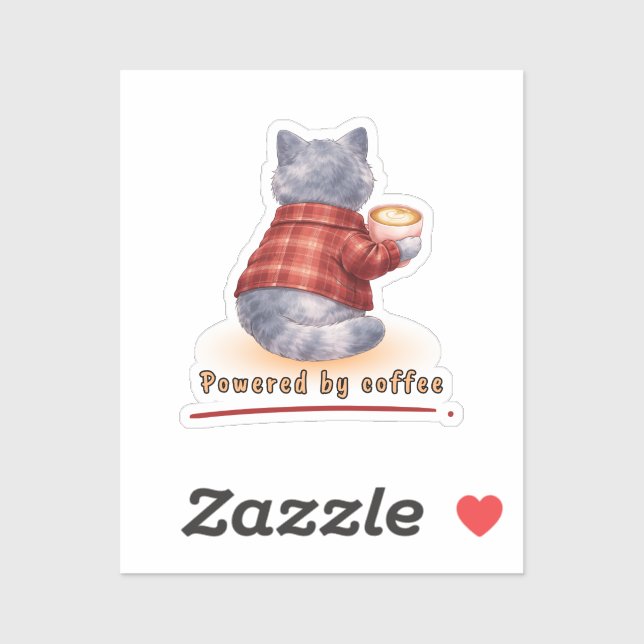 Sticker Chat "Alimenté par le Café" Tenant Une Tasse de Ca (Feuille)
