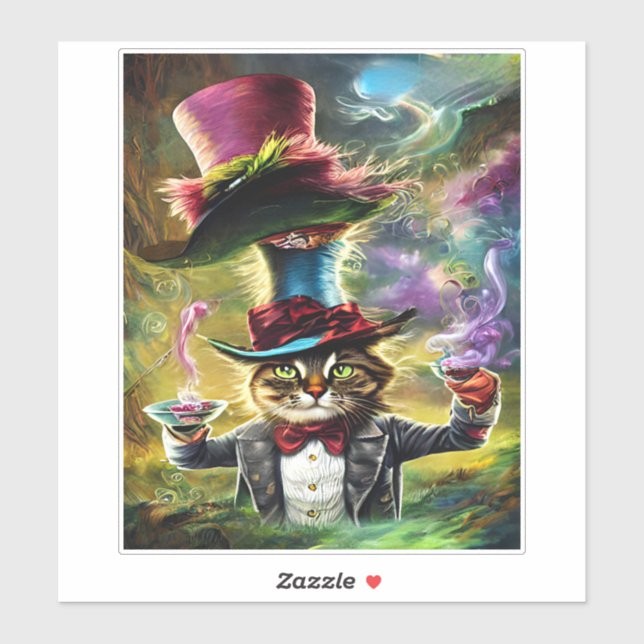 Sticker Chat anthropomorphique Mad Hatter Imaginaire Fairy (Feuille)