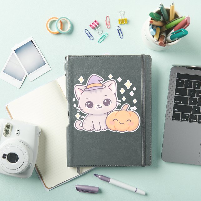 Sticker Chat avec sorcière Casquette et Citrouille sourian (Couverture iPad)