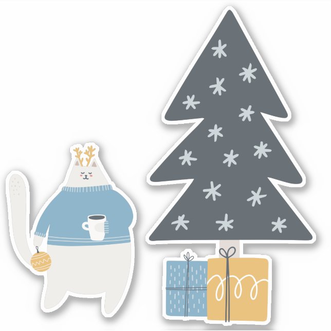 Sticker Chat blanc chandail bleu ornement de noël arbre (Devant)