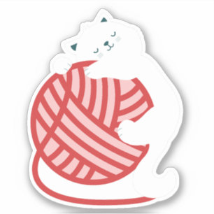 Sticker Chat blanc mignon avec boule de fil