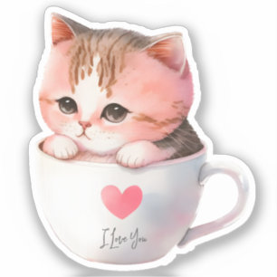 Sticker Chat blanc-rose mignonne dans une tasse de thé (2)