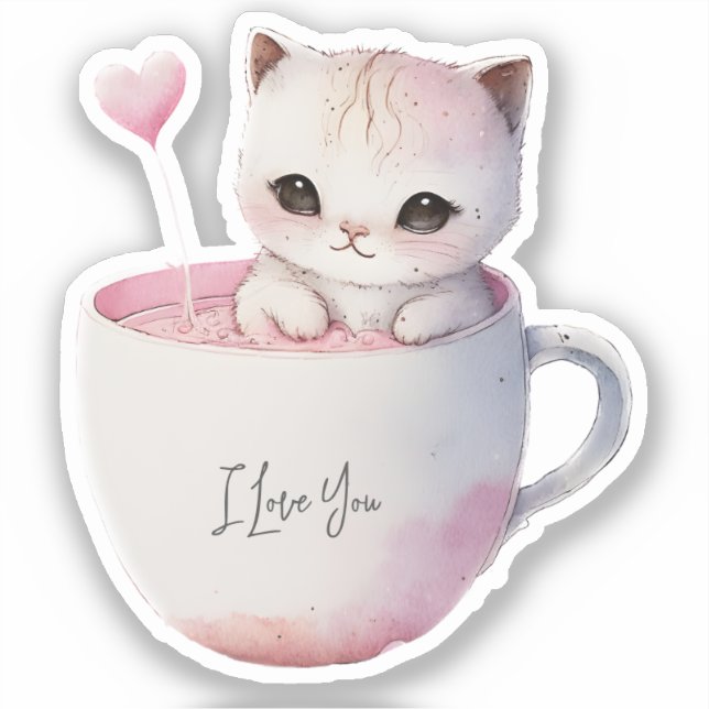 Sticker Chat blanc-rose mignonne dans une tasse de thé (4) (Recto)