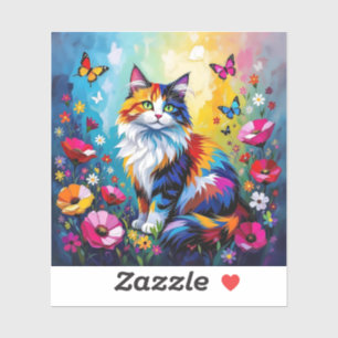 Sticker Chat coloré Impasto, Fleurs et Papillons