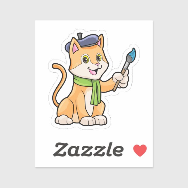 Sticker Chat comme Peintre avec pinceau et écusson (Feuille)