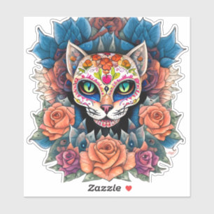 Sticker Chat crâne de sucre entouré de fleurs