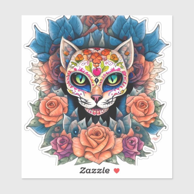 Sticker Chat crâne de sucre entouré de fleurs (Feuille)