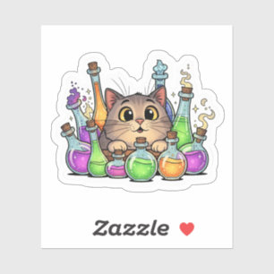 Sticker Chat curieux et bouteilles de potion colorées - Ha