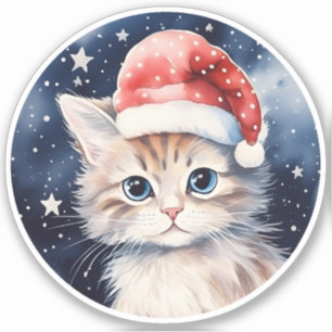 Sticker Chat Cute En Rouge Polka Dot Santa Chapeau Starry 