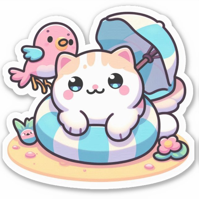 Sticker Chat Cute kawaii à la plage (Devant)