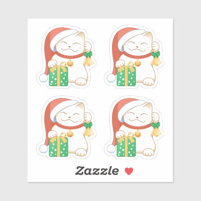Sticker Chat de Noël blanc dans un jeu de Casquette rouge  (Feuille)