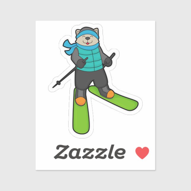 Sticker Chat en Skier avec Ski (Feuille)