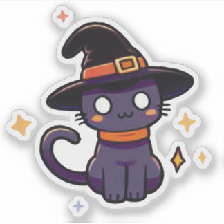 Sticker Chat en sorcière mignonne pourpre - Kawaii Hallowe