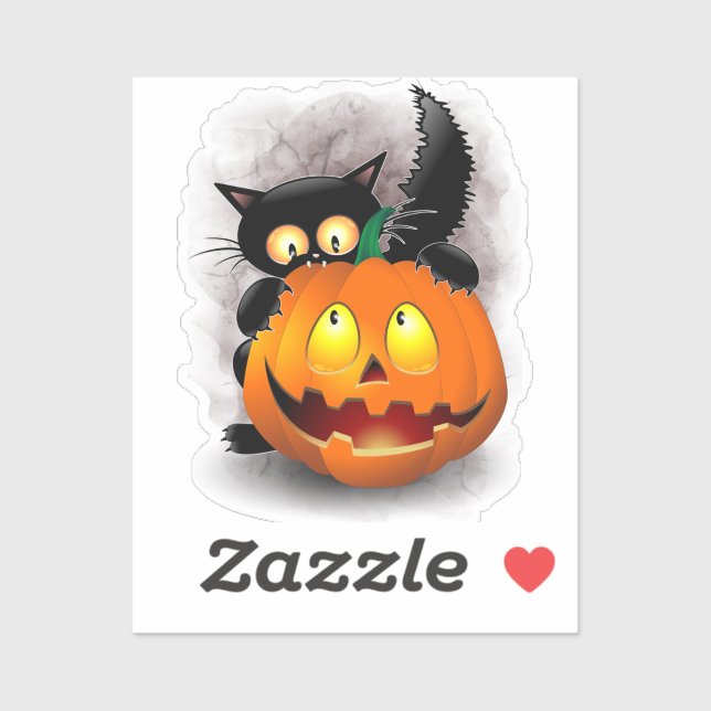 Sticker Chat Fun Halloween Caractère mordant un Citrouille (Feuille)