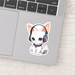 Sticker Chat Kawaii avec des écouteurs à la mode