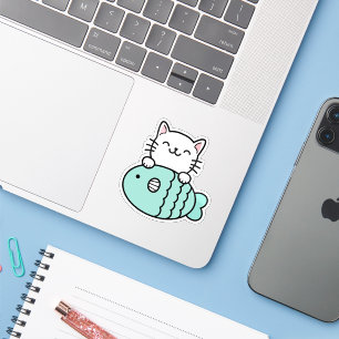 Sticker Chat mignon avec poisson bleu