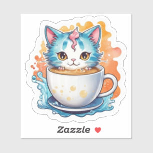 Sticker Chat Mignon Avec Tasse À Café Dessin Animé-94678