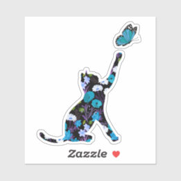 Sticker Chat mignon, fleurs colorées et papillon