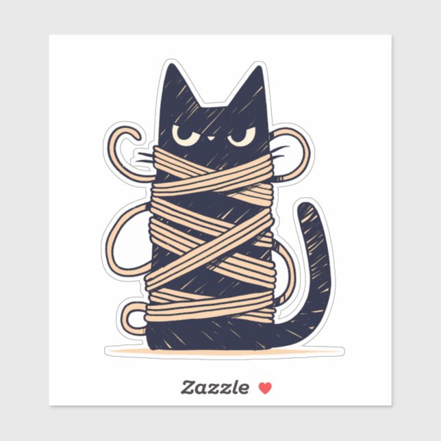 Sticker Chat noir Chibi grumpy étranglé en fils (Feuille)