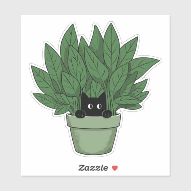 Sticker Chat noir dans Vase Plante (Feuille)