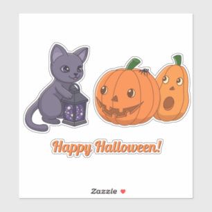 Sticker Chat noir d'Halloween, citrouilles, lanterne magiq