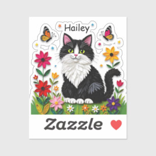 Sticker Chat noir et blanc, Fleurs et Papillons  