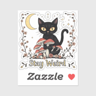 Sticker Chat noir fantaisiste encadré par des champignons