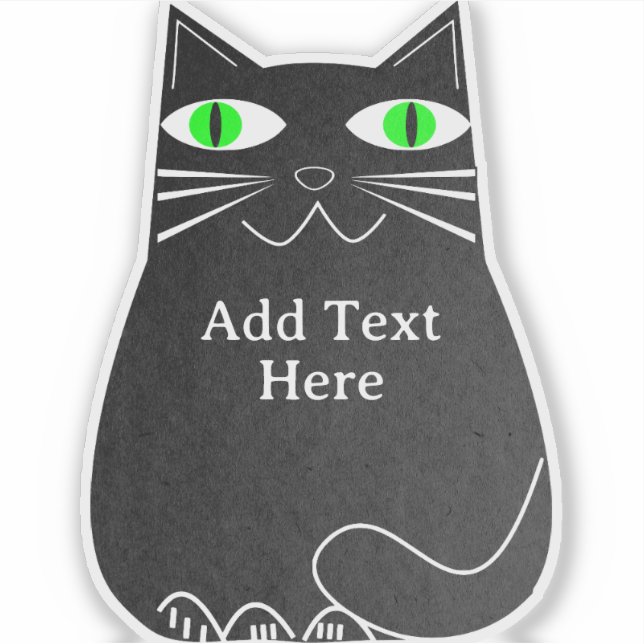 Sticker Chat noir gras avec yeux verts Texte personnalisé (Devant)