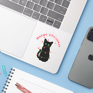 Sticker chat noir   Meowy Christmas   lumières scintillant