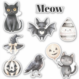 Sticker Chat Noir Miaule Oiseau Citrouille Chauve-souris