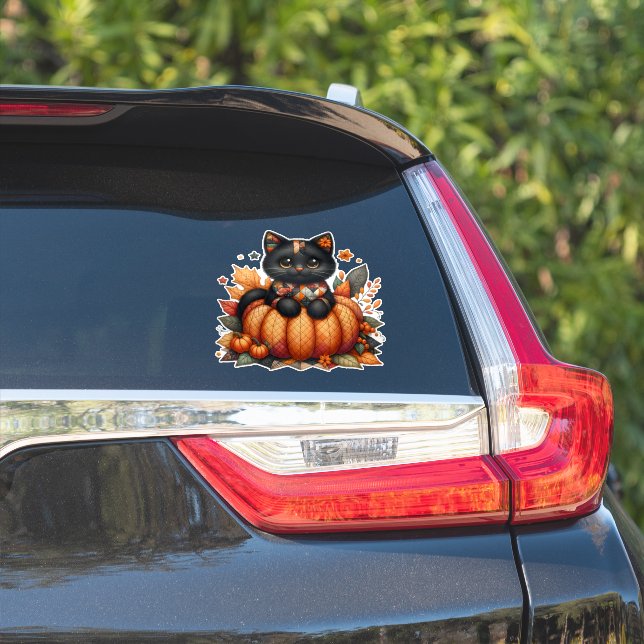 Sticker Chat noir sur Citrouille avec Motif de courtepoint (Côté voiture)